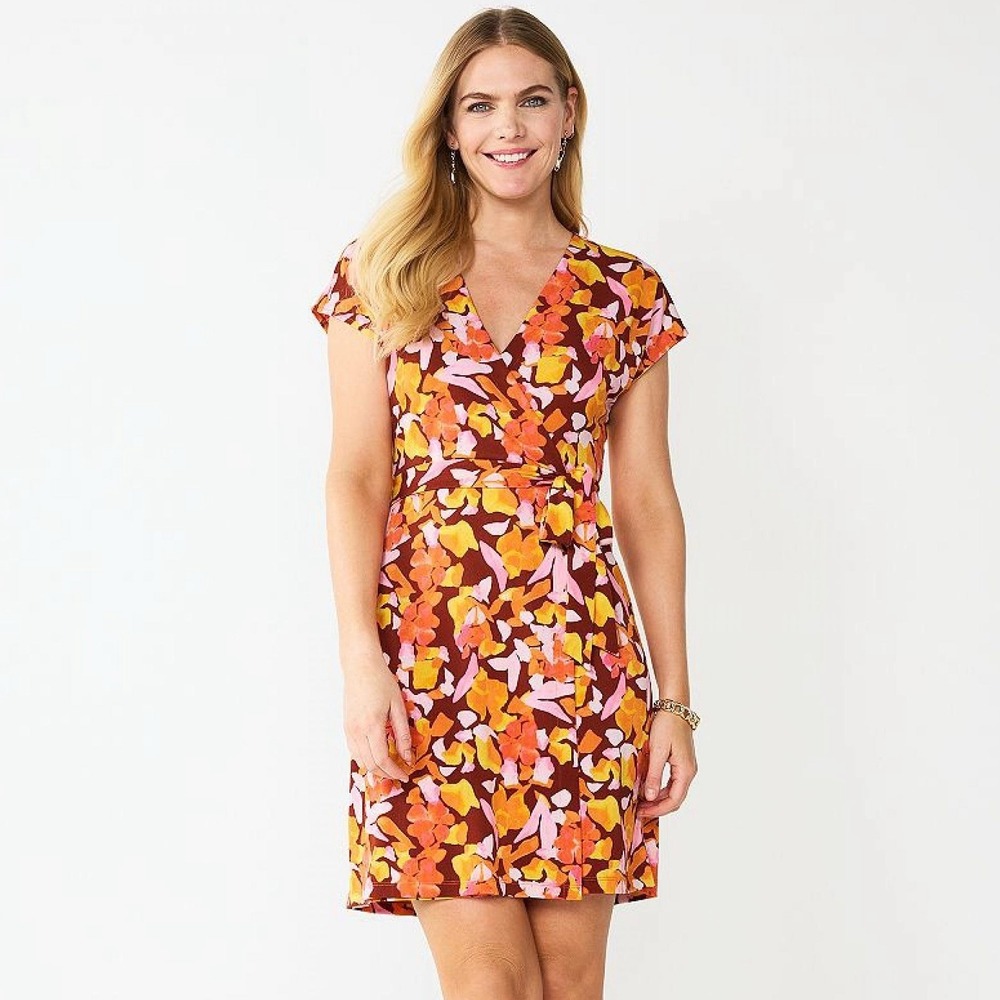 Nine West Faux Wrap Dress Large Red Orange Floral Stretch Dolman Sleeve Tie NWOT